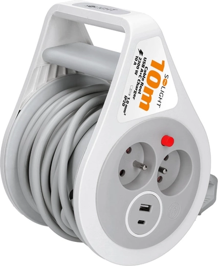 Solight verlengkabel op haspel 10 m met USB-A en USB-C