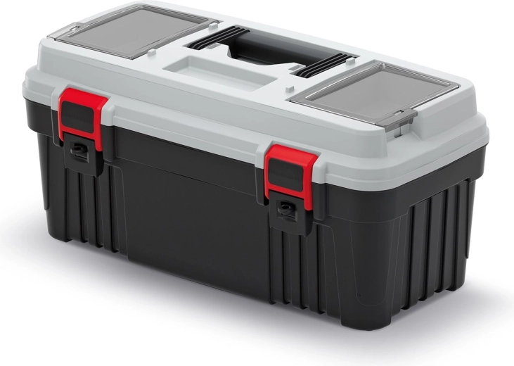 Kunststof gereedschapskoffer met vakken en inzet, grijs