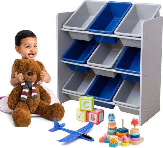Kinder organiser voor speelgoed met 9 bakken (grijs/blauw)