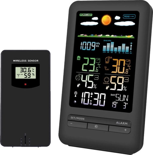 Solight weerstation met kleur-LCD-display, meting van temperatuur, luchtvochtigheid en druk, zwart
