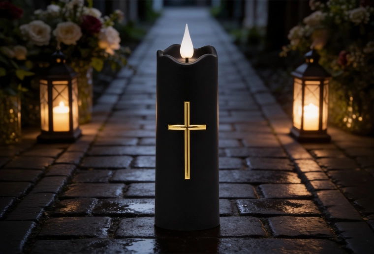 LED-kaars 5 × 15,5 cm zwart met gouden kruis