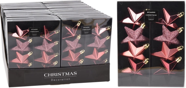 Kerstversiering sterren 6,5 cm roze, set van 8 stuks