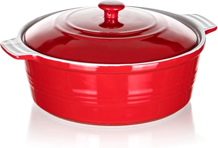 Keramische ovenschaal met deksel CULINARIA, rond, rood/wit, 31,5 × 26,5 × 14,5 cm