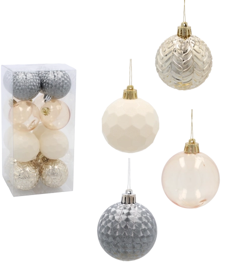 Set kerstballen 6 cm – 16 stuks, champagne, grijs en wit, CHOMIK