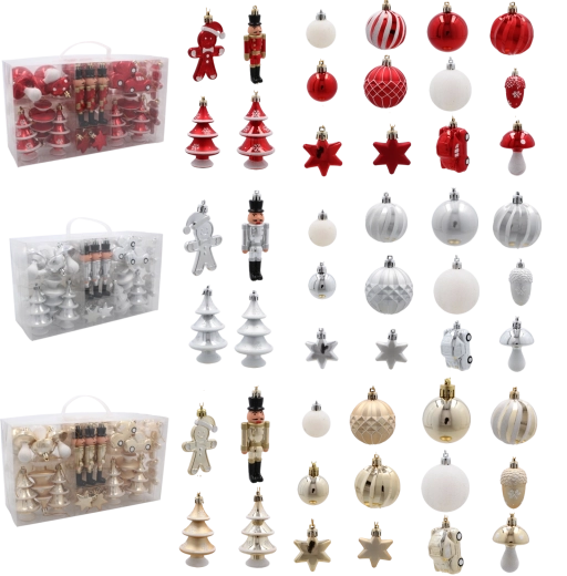 Set van 50 kerstornamenten in rood, zilver en goud