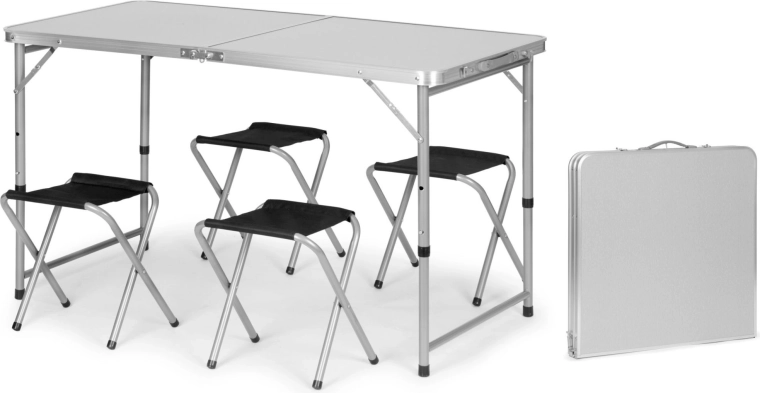 Opvouwbare campingtafel in koffer met verstelbare hoogte en 4 krukjes 120 × 60 cm, zilverkleurig