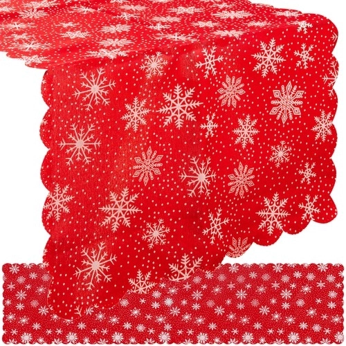 Kerst tafelloper rood met witte sneeuwvlokken 150 x 35 cm