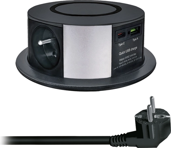 Solight uitschuifbaar stopcontactblok met 3 stopcontacten, USB-A/USB-C PD 20 W en draadloos Qi-opladen 10 W, 2 m, zwart