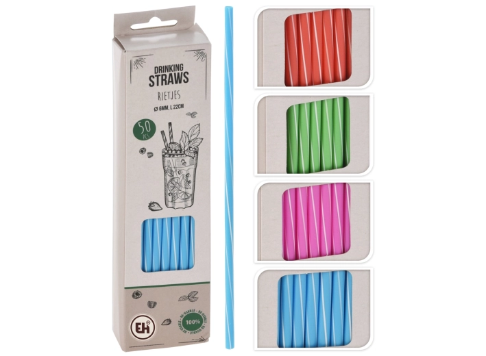Set herbruikbare rietjes 22 cm, diameter 6 mm – mix van kleuren met strepen (50 stuks)
