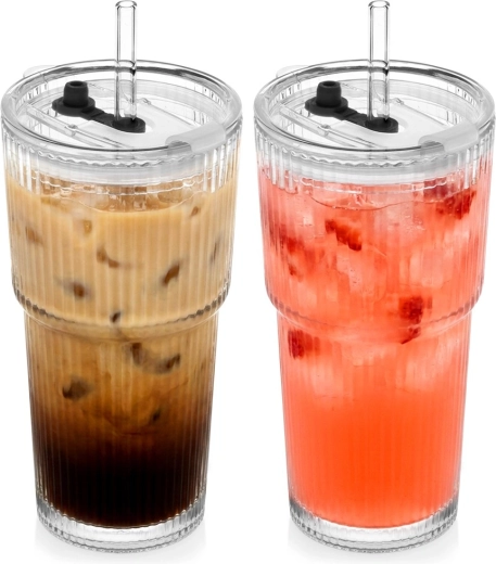 Glazen tumblers met deksel en rietje 500 ml, set van 2