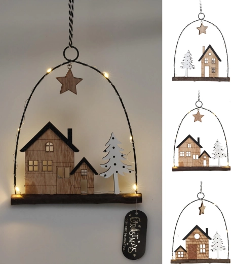 Hangende kerstdecoratie huisje met LED, metaal en hout, 20,5 cm