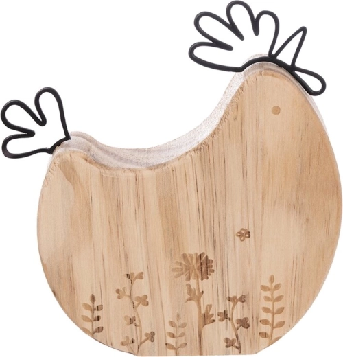 Decoratie kip van hout en metaal met bloem, bruin