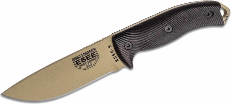 ESEE Model 5 outdoor‑mes 13,2 cm, zwart‑rood, zandkleur, G10, Kydex schede