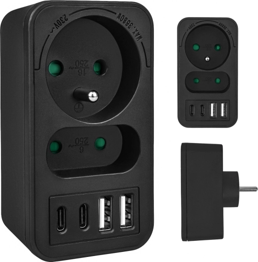 Stekkerdoos met 1 schuko, 1 euro en 4× USB (2× USB‑A 18 W, 2× USB‑C PD 20 W)