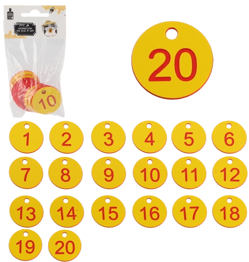 Set cijfers voor bijenkasten 1–20, kunststof fiches met gat 3,5 cm