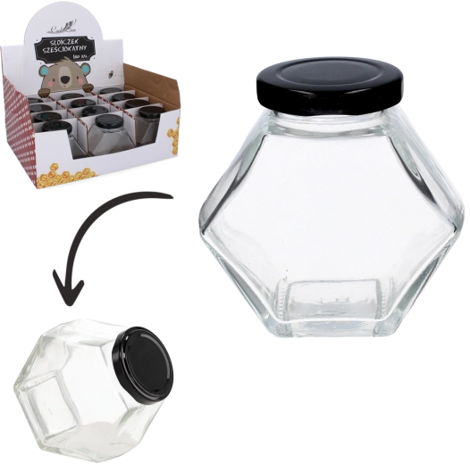 Zeshoekige glazen pot met schroefdeksel 180 ml