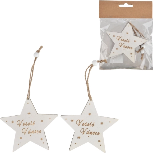Hangende houten kerstster met opschrift Fijne Kerstdagen, wit, 2 stuks