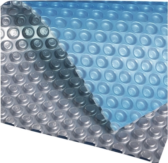 Blauw‑zilveren solarzeil voor zwembaden met een wateroppervlakte‑diameter van 3 m