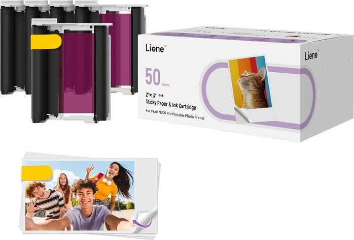 Liene fotopapier 2×3" zelfklevend, 50 vellen + 5 inktcartridges