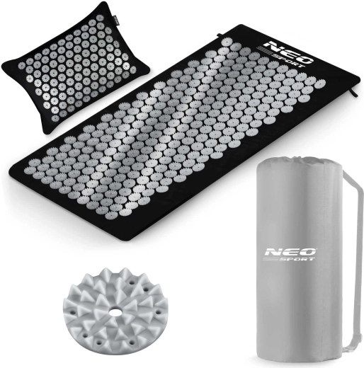 Neo-Sport acupressuurmat met naaldjes en kussen zwart-zilver