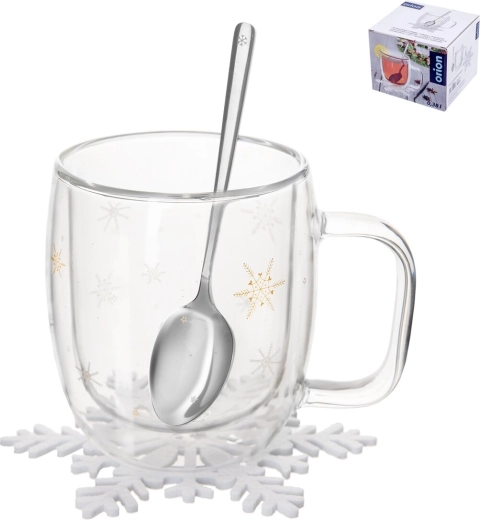 Dubbelwandige thermomok van borosilicaatglas Double met sneeuwvlokmotief 380 ml met lepel en onderzetter