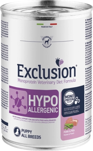 Exclusion Puppy hypoallergene natvoer voor pups met varkensvlees en erwt 400 g