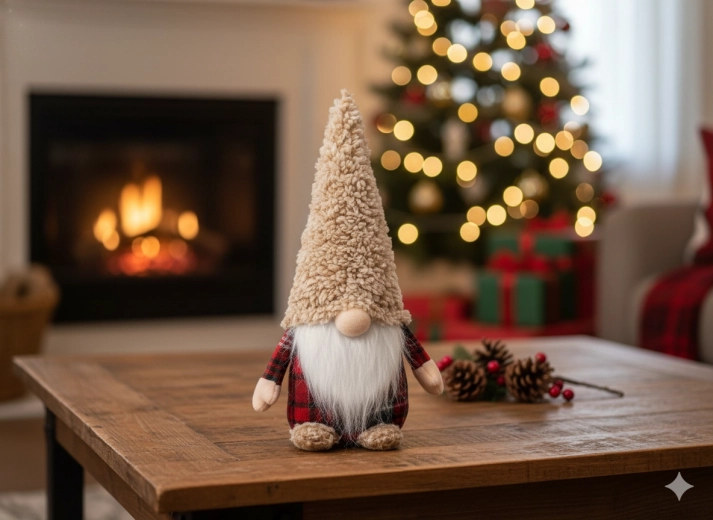 Kerstkabouter 30 cm in beige-rood