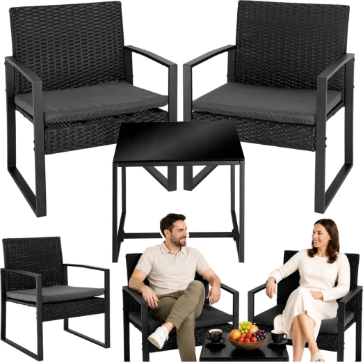 Tuin rotan set: 2 stoelen en tafeltje voor balkon en terras – zwart
