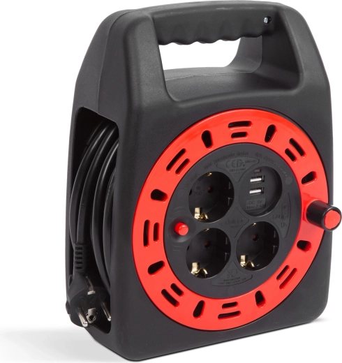 Kabelhaspel met kunststof handvat, 3 stopcontacten en 2 USB-poorten, 15 m
