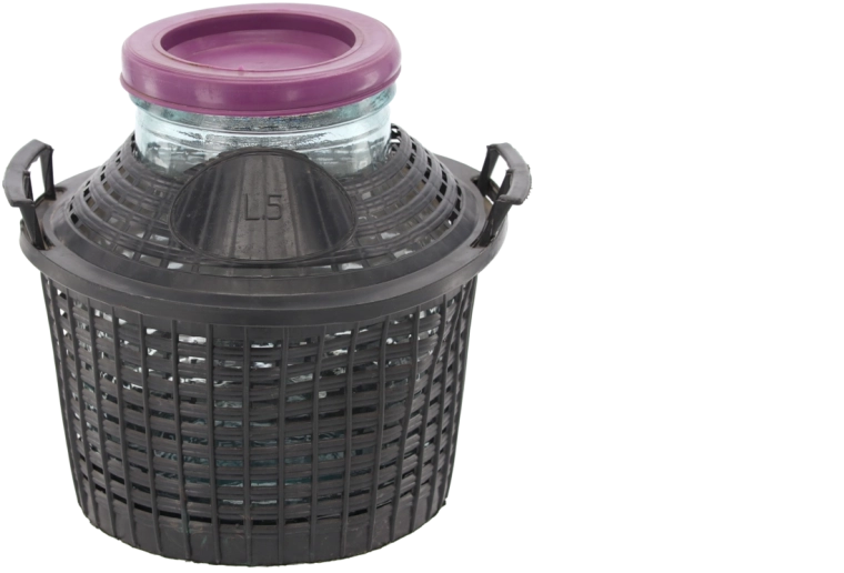 Glazen damejeanne 5 l met brede hals en kunststof mand