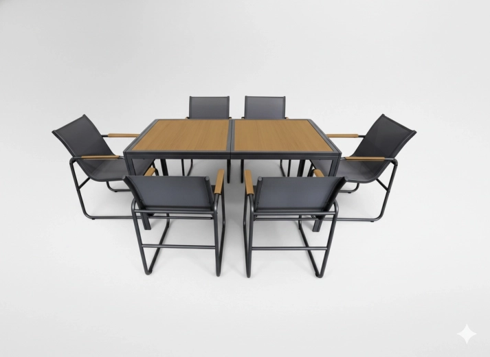 Antraciet tuin-eetset – tafel en 6 stoelen
