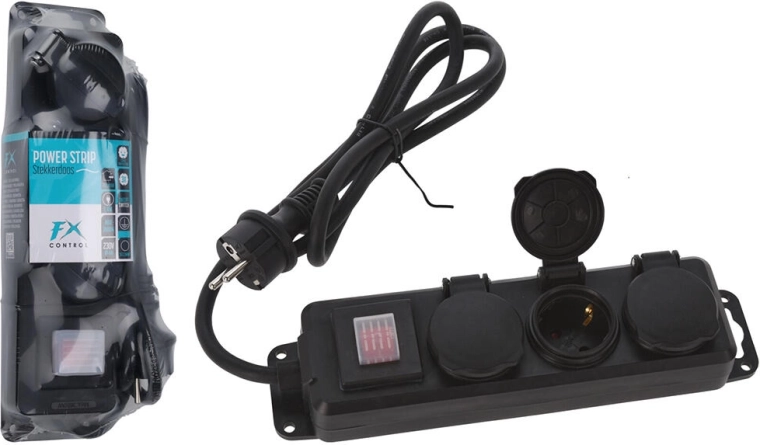 Verlengsnoer 1,4 m met 3 stopcontacten en schakelaar, IP44, zwart