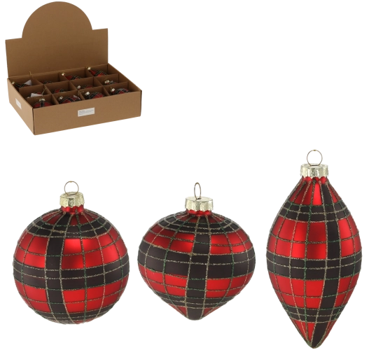 Glazen kerstornament rood en zwart blokpatroon – mix van motieven