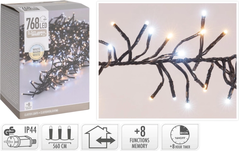 Kerst LED-lichtsnoer 5,6 m, 768 LED, warm wit, 8 functies, IP44, met timer - 1 stuk