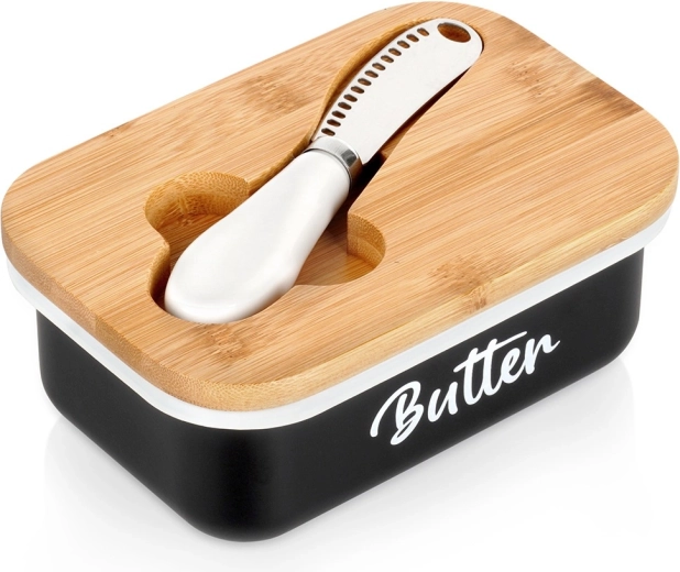 Boterdoos zwart met bamboe deksel en mesje Vilde