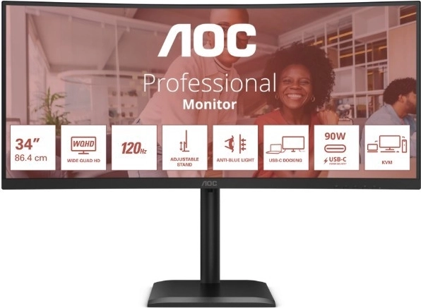 AOC 34" gebogen monitor CU34E4CV, 120 Hz, VA, HDMI/DP, RJ45, in hoogte verstelbaar, luidsprekers