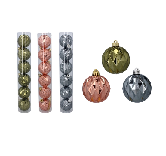 Set kerstballen 6 cm – glanzende onbreekbare decoraties in olijf, koper en grafiet