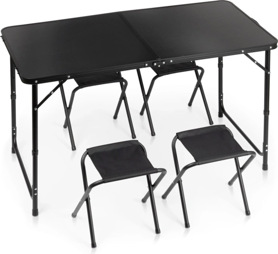 Vilde opvouwbare campingtafel met 4 krukjes, zwart, 120 × 60 cm