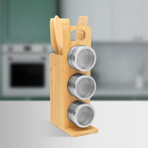 Magnetisch kruidenrek met bamboe keukengerei, 7-delige set
