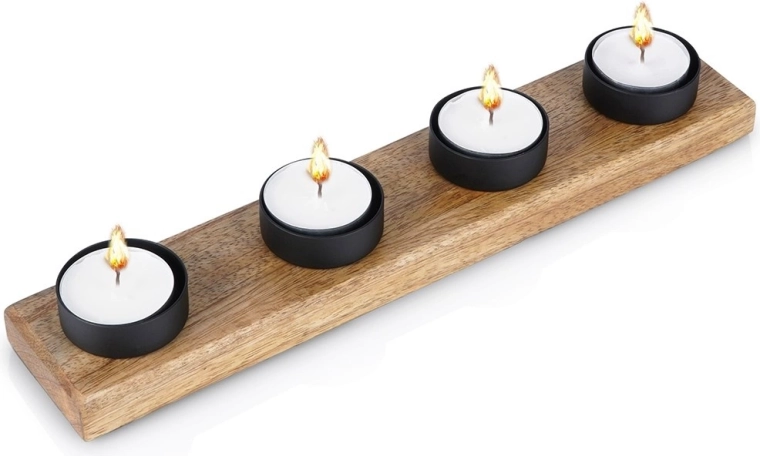 Zwarte houten kandelaar voor 4 theelichtjes 30 × 6 × 4 cm