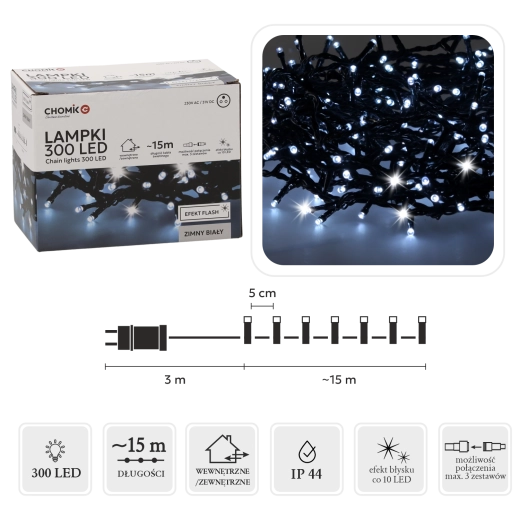 LED lichtsnoer 300 diodes koud wit met flitseffect, 18 m voor binnen- en buitengebruik