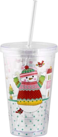 Plastic beker met rietje 460 ml – kerst sneeuwpop/pinguïn
