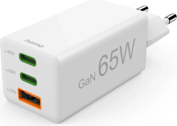 Netlader Hama GaN 65 W met Power Delivery en Quick Charge, 2× USB‑C + 1× USB‑A