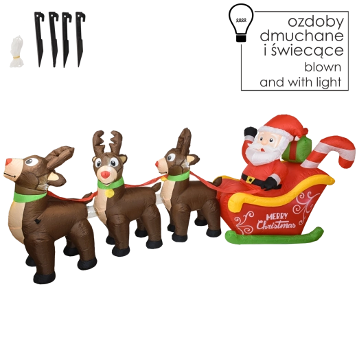 Opblaasbare kerstman op slee met rendieren met LED-verlichting - 1 stuk