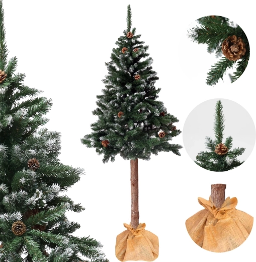 Kunstkerstboom op stam 180 cm, diamantden met dennenappels, besneeuwd