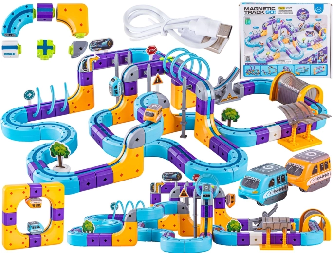 Magnetische bouwset met magnetische baan voor treinen en autootjes – 128 delen