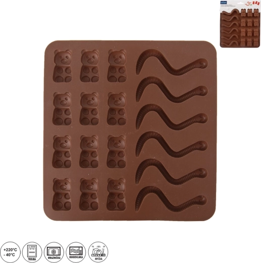 Siliconen vorm voor gummybeertjes en “lolly’s” – 18 vormen, bruin