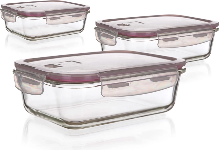 Set van rechthoekige glazen Lora-dozen met deksels, 3 stuks (0,55 l, 0,95 l, 1,45 l)