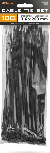 Zwarte kabelbinders 200 × 3,6 mm, 100 stuks