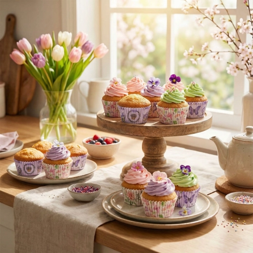 Set papieren muffinvormpjes met lentemotief, 100 stuks
